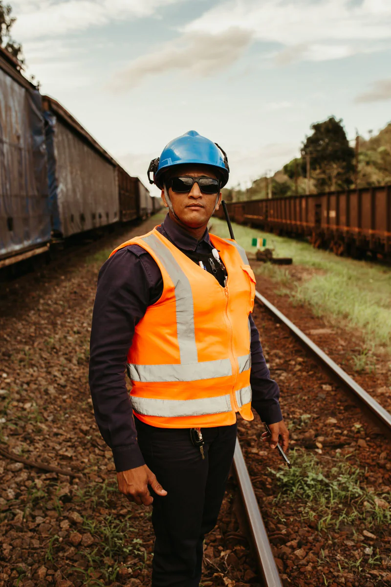 Arbeiter in Warnweste und Helm steht am Gleis neben einem Güterzug