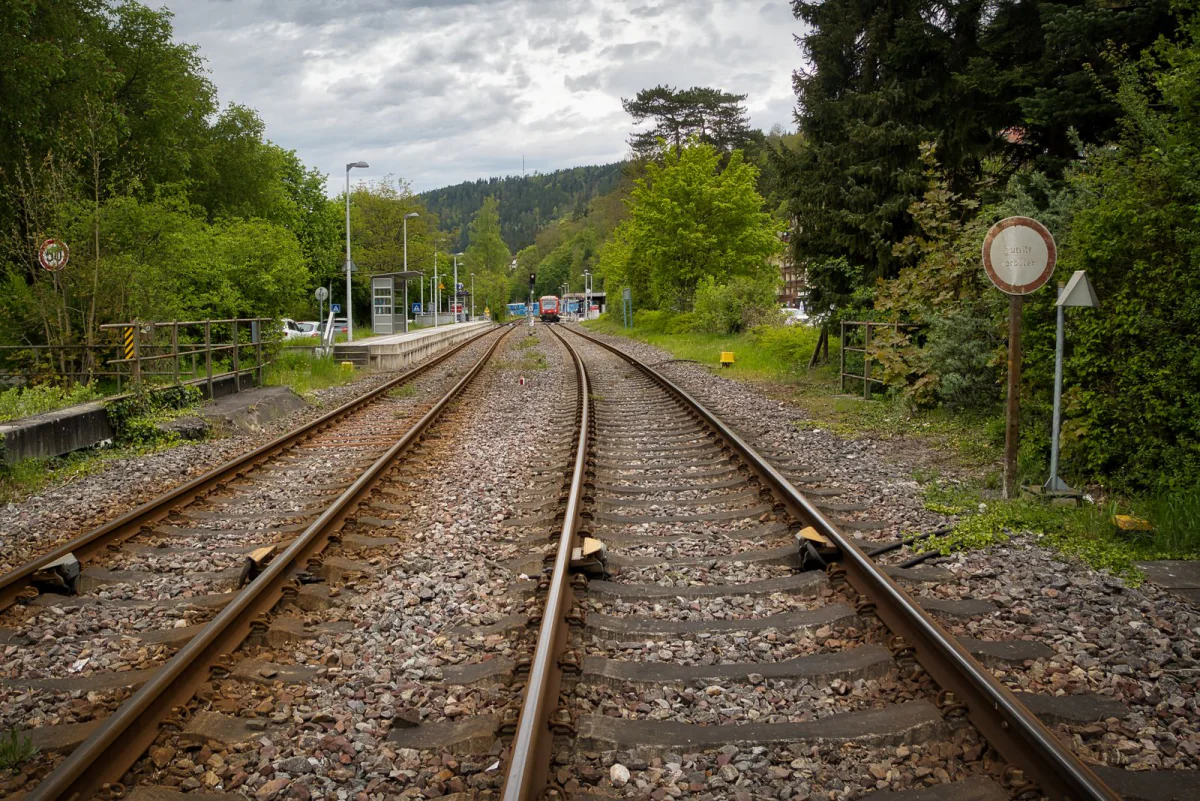 Gleise an einem kleinen Bahnhof im Frühling